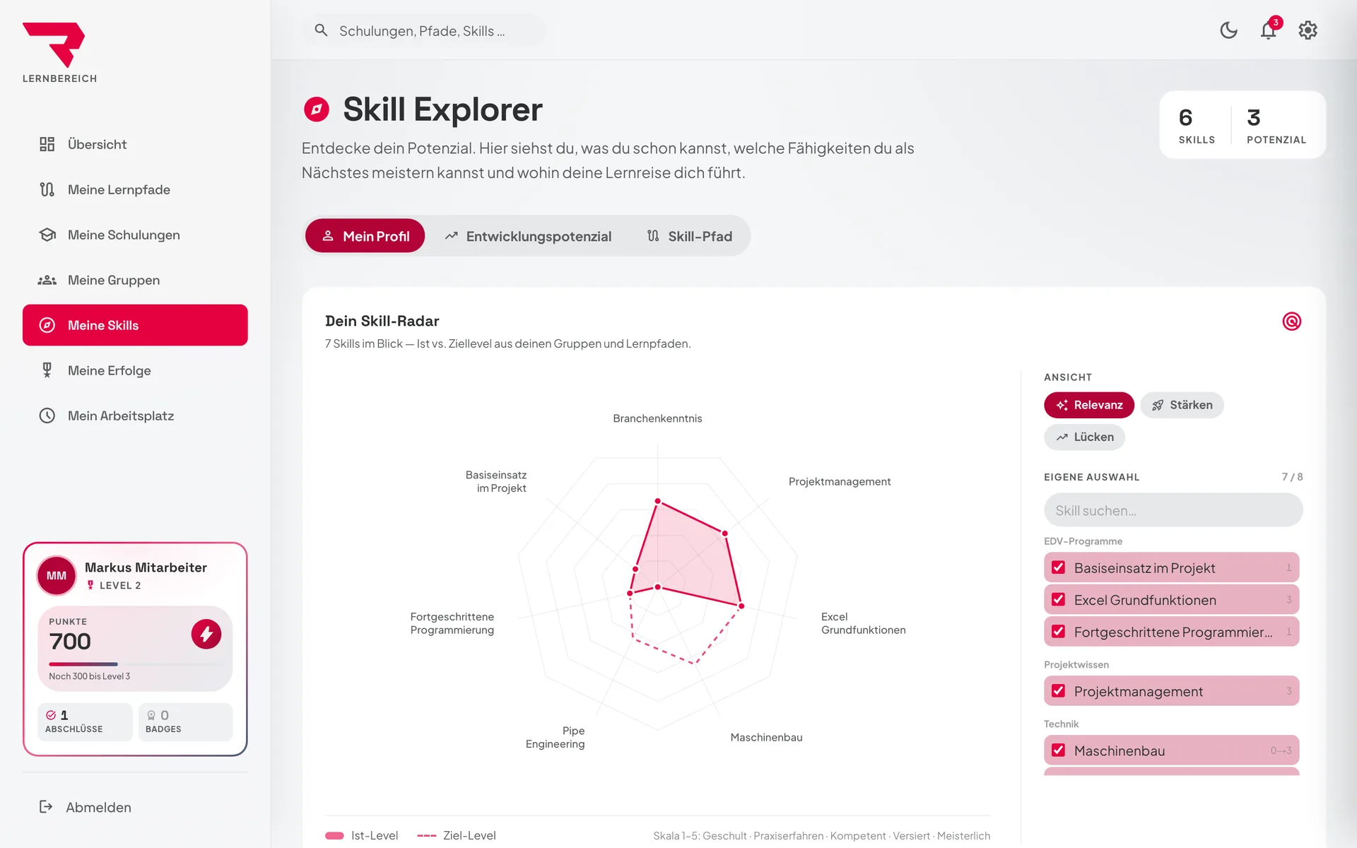 Skill Explorer: Skill-Radar mit Ist- und Ziellevel plus flexibler Skill-Auswahl